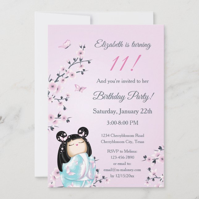 Kokeshi Doll Cherry Blossoms Girl´s Birthday Invitation (Front)