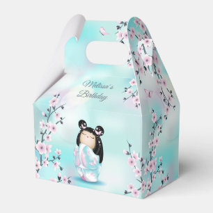 Kokeshi Doll Cherry Blossoms Turquoise Favor Boxes
