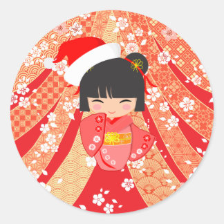 Kokeshi Doll Christmas Card Classic Round Sticker