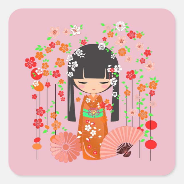 Kokeshi Doll Garden Square Sticker (Front)