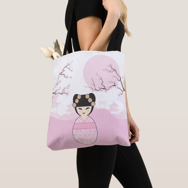 Kokeshi Doll in Pink on Typical Japanese Landscape Tote Bag (Close Up)