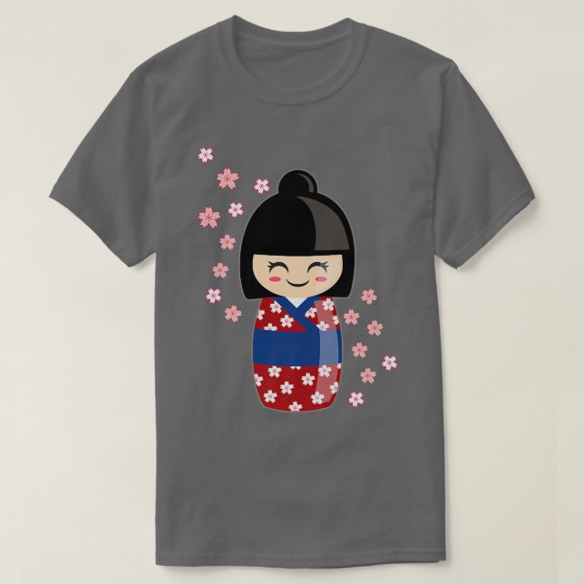Kokeshi Doll Kawaii In Japanese Kimono And Sakura  T-Shirt (Design Front)