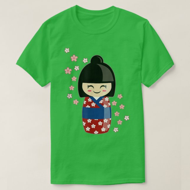 Kokeshi Doll Kawaii In Japanese Kimono And Sakura  T-Shirt (Design Front)