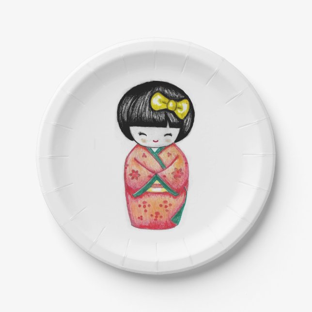 Kokeshi Doll - Kimono Geisha Girl Paper Plates (Front)