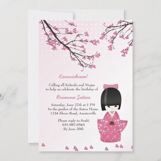 Kokeshi Doll Pink Invitation (Front)
