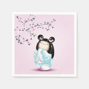 Kokeshi Doll Pink Turquoise Girls Birthday Napkins