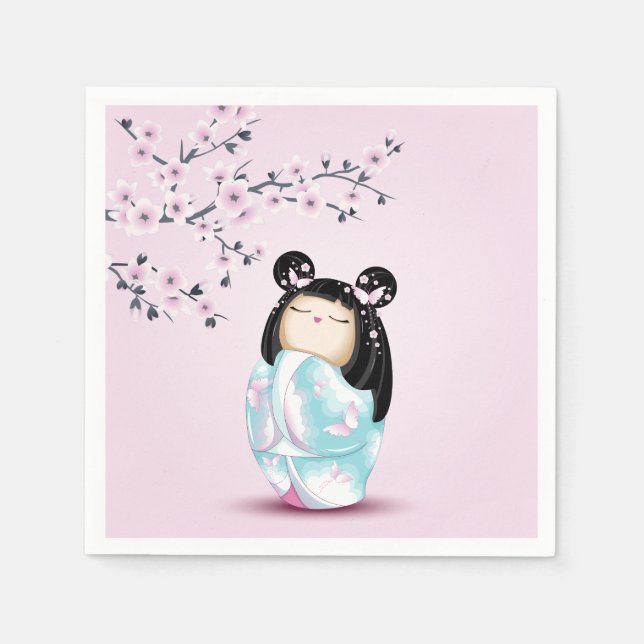 Kokeshi Doll Pink Turquoise Girls Birthday Napkins (Front)