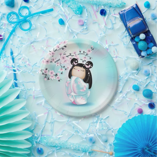 Kokeshi Doll Pink Turquoise Girls Birthday  Paper Plates (Party)