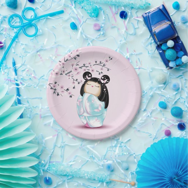 Kokeshi Doll Pink Turquoise Girls Birthday Paper Plates (Party)