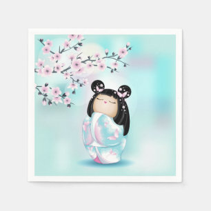 Kokeshi Doll Pink Turquoise Girls Napkins