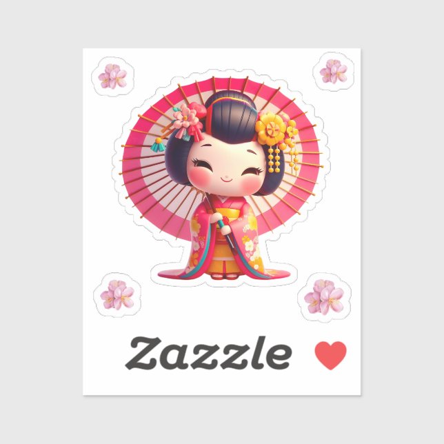 Kokeshi Doll red and yellow kimono with umbrella Sticker (Sheet)