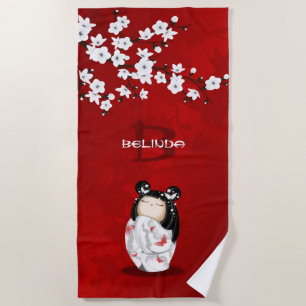 Kokeshi Doll Red Black And White Cherry Blossom Beach Towel