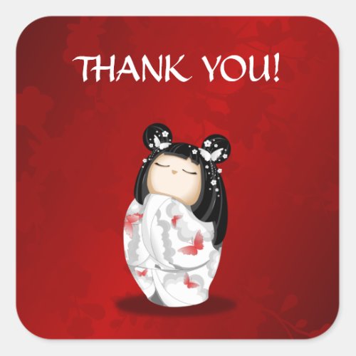 Kokeshi Doll Red Black And White Thank You Square Sticker