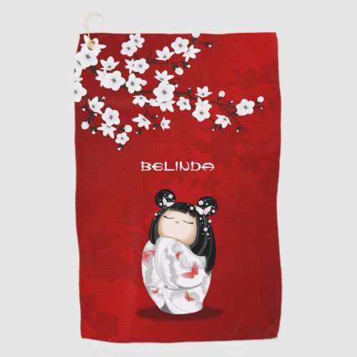 Kokeshi Doll Red Black White Cherry Blossom  Golf Towel