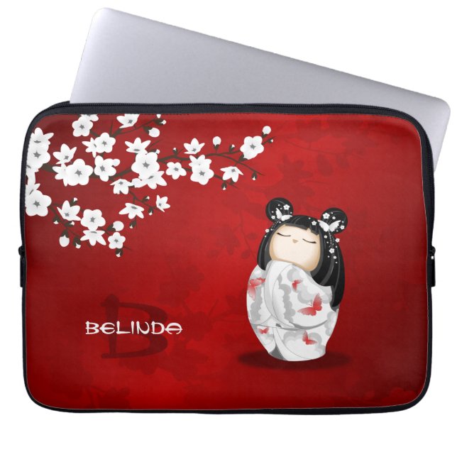 Kokeshi Doll Red Black White Cherry Blossom Laptop Sleeve (Front)