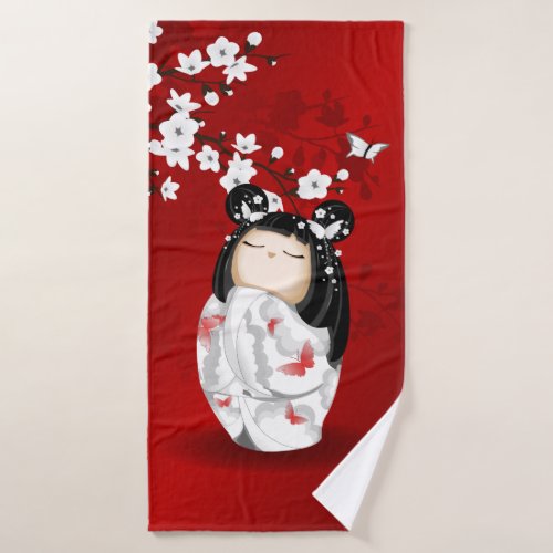 Kokeshi Doll Red Black White Cherry Blossoms Bath Towel
