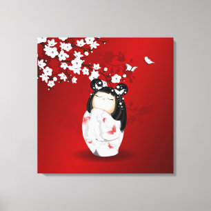 Kokeshi Doll Red Black White Cherry Blossoms Canvas Print