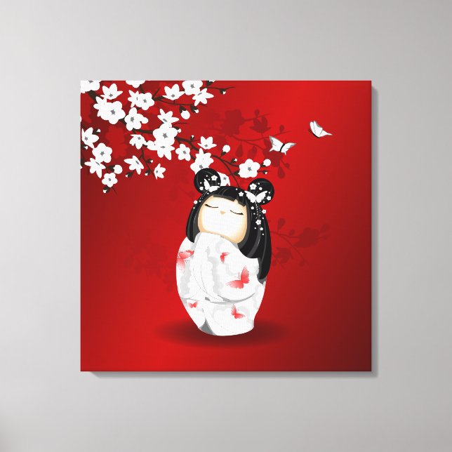 Kokeshi Doll Red Black White Cherry Blossoms Canvas Print (Front)