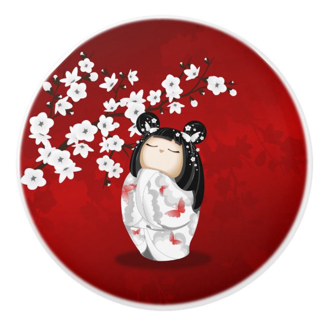 Kokeshi Doll Red Black White Cherry Blossoms  Cera Ceramic Knob (Front)