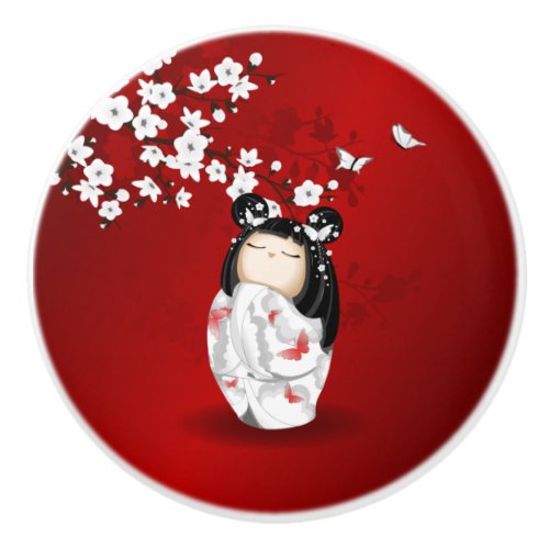 Kokeshi Doll Red Black White Cherry Blossoms Ceramic Knob