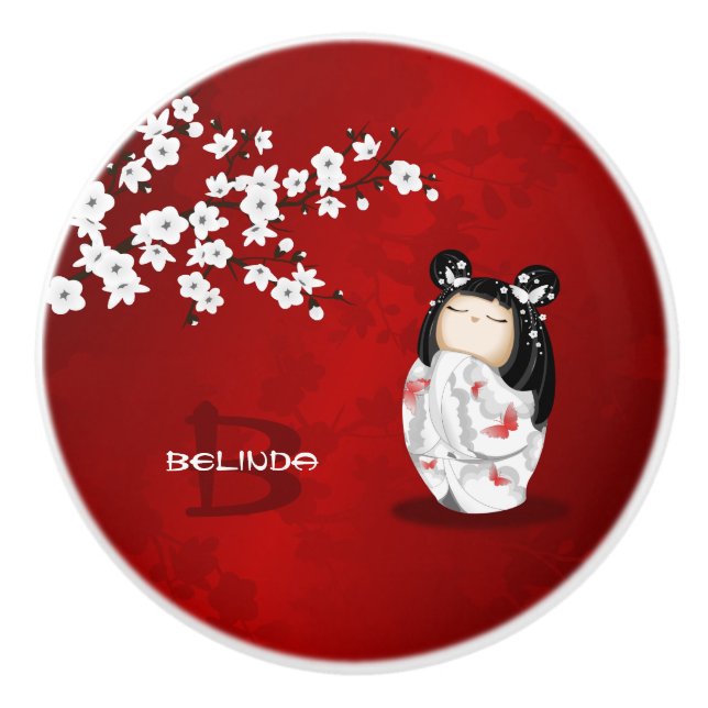 Kokeshi Doll Red Black White Cherry Blossoms Ceramic Knob (Front)
