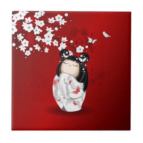 Kokeshi Doll Red Black White Cherry Blossoms Ceramic Tile