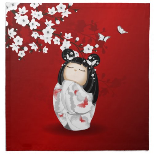 Kokeshi Doll Red Black White Cherry Blossoms Cloth Napkin