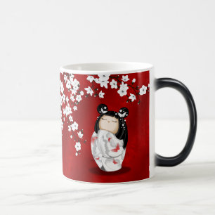 Kokeshi Doll Red Black White Cherry Blossoms  Color Morph Mug