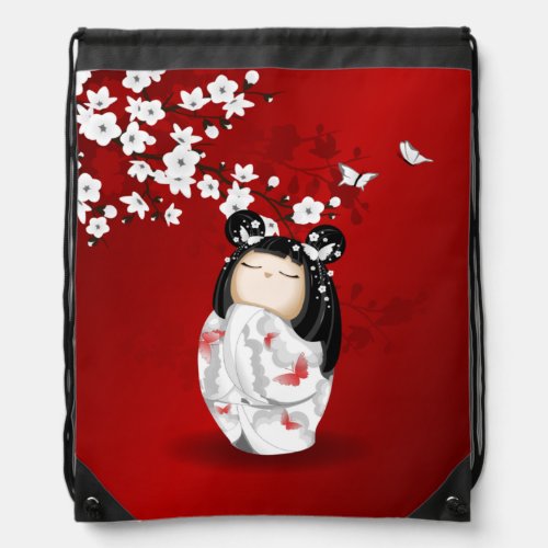 Kokeshi Doll Red Black White Cherry Blossoms Drawstring Bag