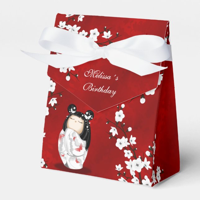 Kokeshi Doll Red Black White Cherry Blossoms Favor Boxes (Front Side)