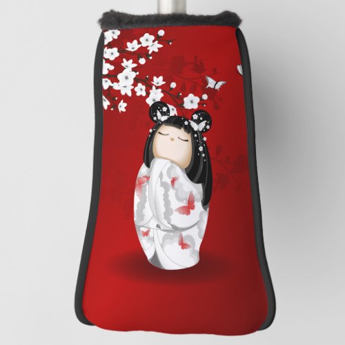 Kokeshi Doll Red Black White Cherry Blossoms Golf Head Cover