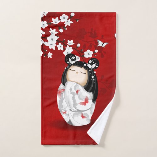 Kokeshi Doll Red Black White Cherry Blossoms Hand Towel