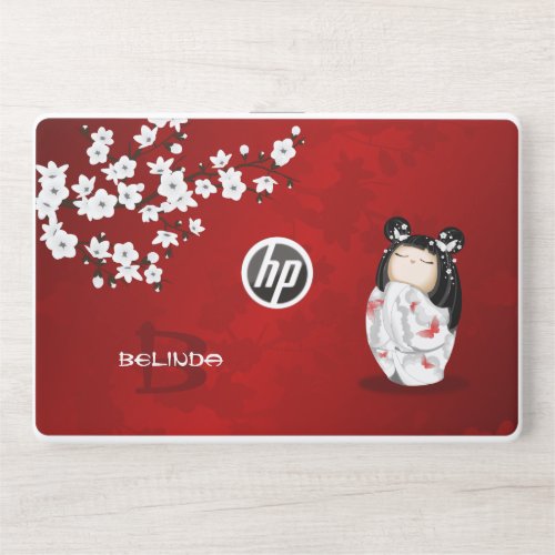 Kokeshi Doll Red Black White Cherry Blossoms  HP Laptop Skin