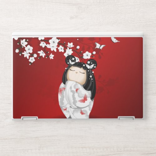 Kokeshi Doll Red Black White Cherry Blossoms HP Laptop Skin