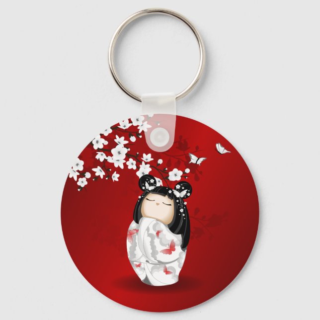 Kokeshi Doll Red Black White Cherry Blossoms Keychain (Front)