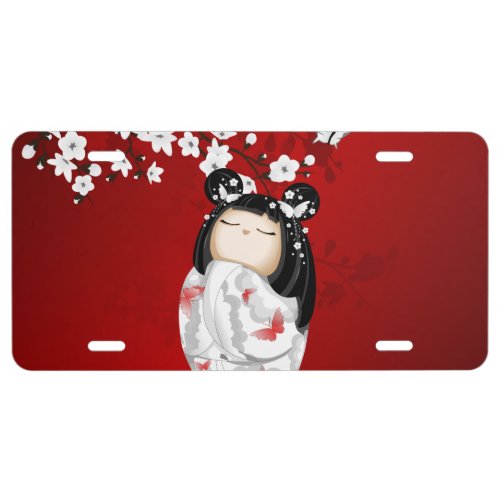 Kokeshi Doll Red Black White Cherry Blossoms License Plate