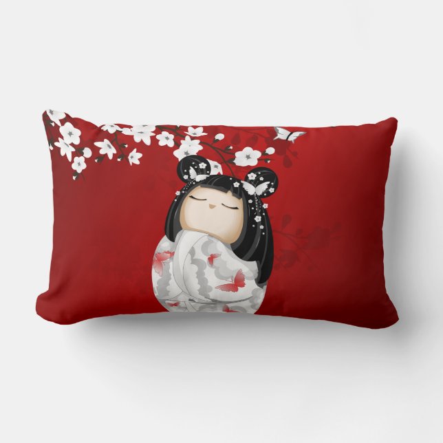 Kokeshi Doll Red Black White Cherry Blossoms Lumbar Pillow (Front)