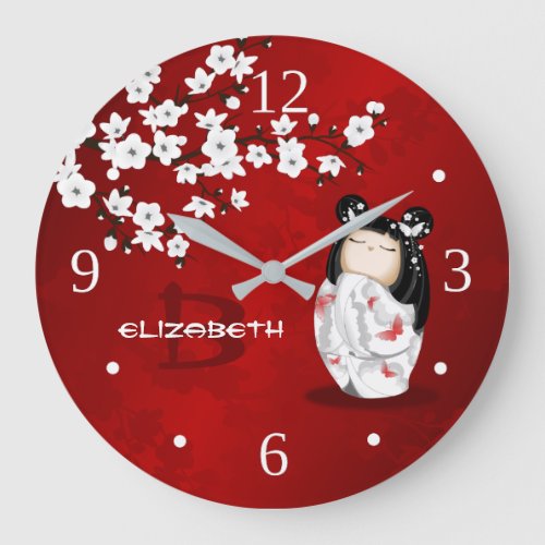 Kokeshi Doll Red Black White Cherry Blossoms Mouse Large Clock