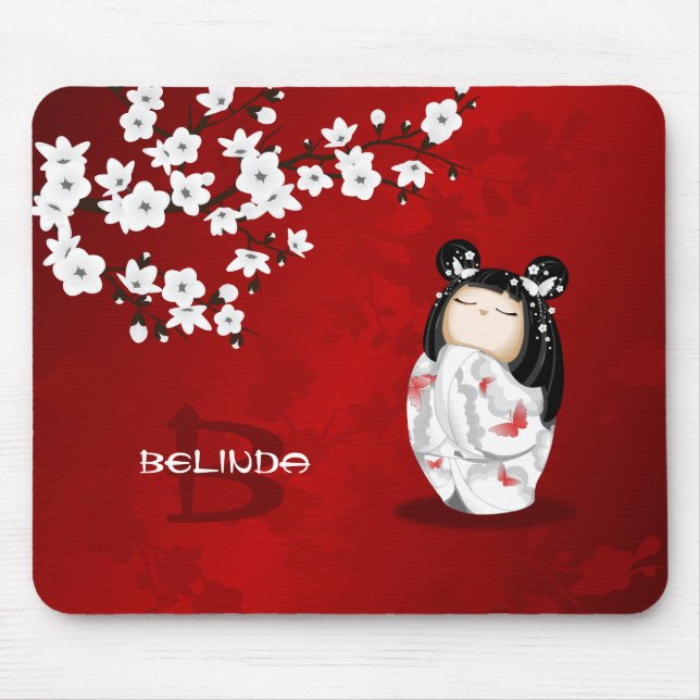 Kokeshi Doll Red Black White Cherry Blossoms Mouse Pad (Front)
