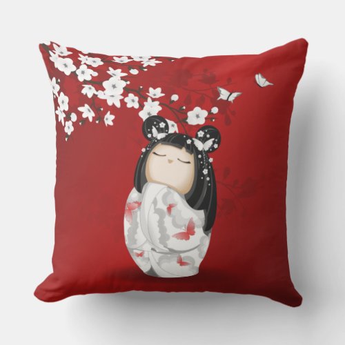 Kokeshi Doll Red Black White Cherry Blossoms Outdoor Pillow