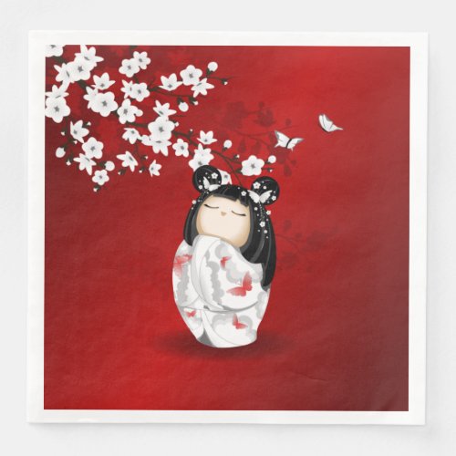 Kokeshi Doll Red Black White Cherry Blossoms Paper Dinner Napkins