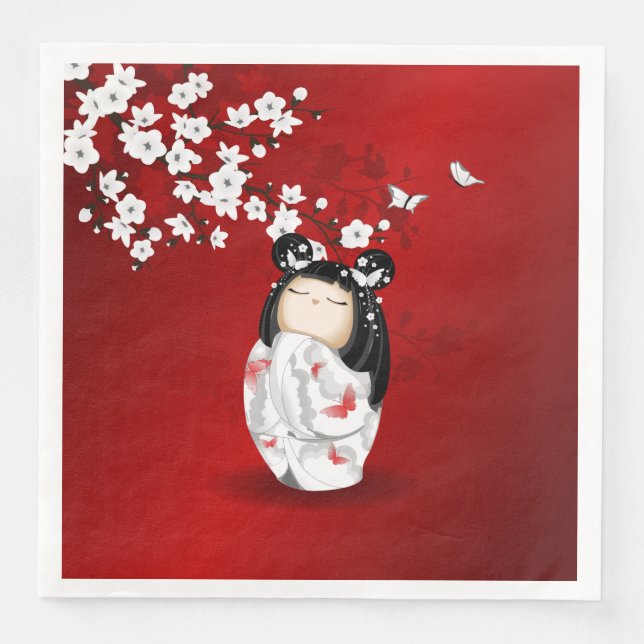 Kokeshi Doll Red Black White Cherry Blossoms Paper Dinner Napkins (Front)