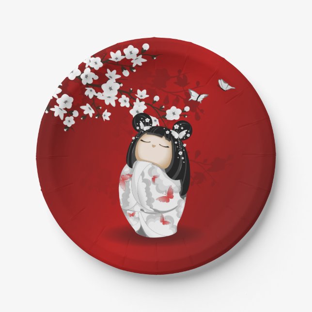 Kokeshi Doll Red Black White Cherry Blossoms Paper Plates (Front)