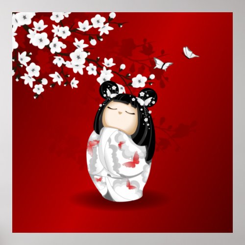 Kokeshi Doll Red Black White Cherry Blossoms Poster