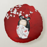 Kokeshi Doll Red Black White Cherry Blossoms Round Pillow at Zazzle