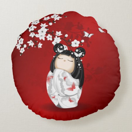 Kokeshi Doll Red Black White Cherry Blossoms Round Pillow