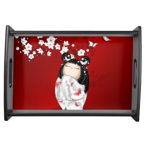 Kokeshi Doll Red Black White Cherry Blossoms Serving Tray