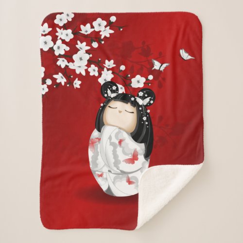 Kokeshi Doll Red Black White Cherry Blossoms Sherpa Blanket