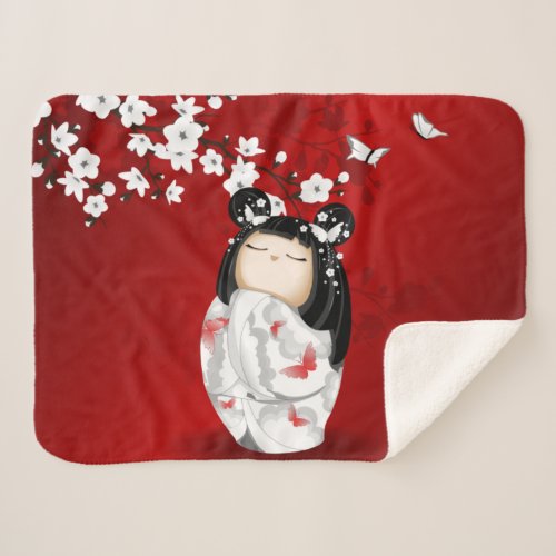 Kokeshi Doll Red Black White Cherry Blossoms Sherpa Blanket