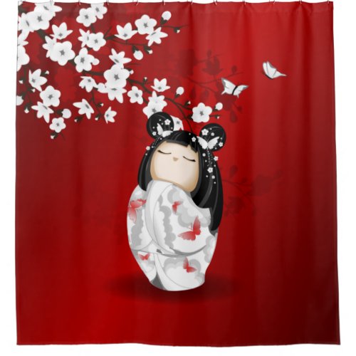 Kokeshi Doll Red Black White Cherry Blossoms Shower Curtain